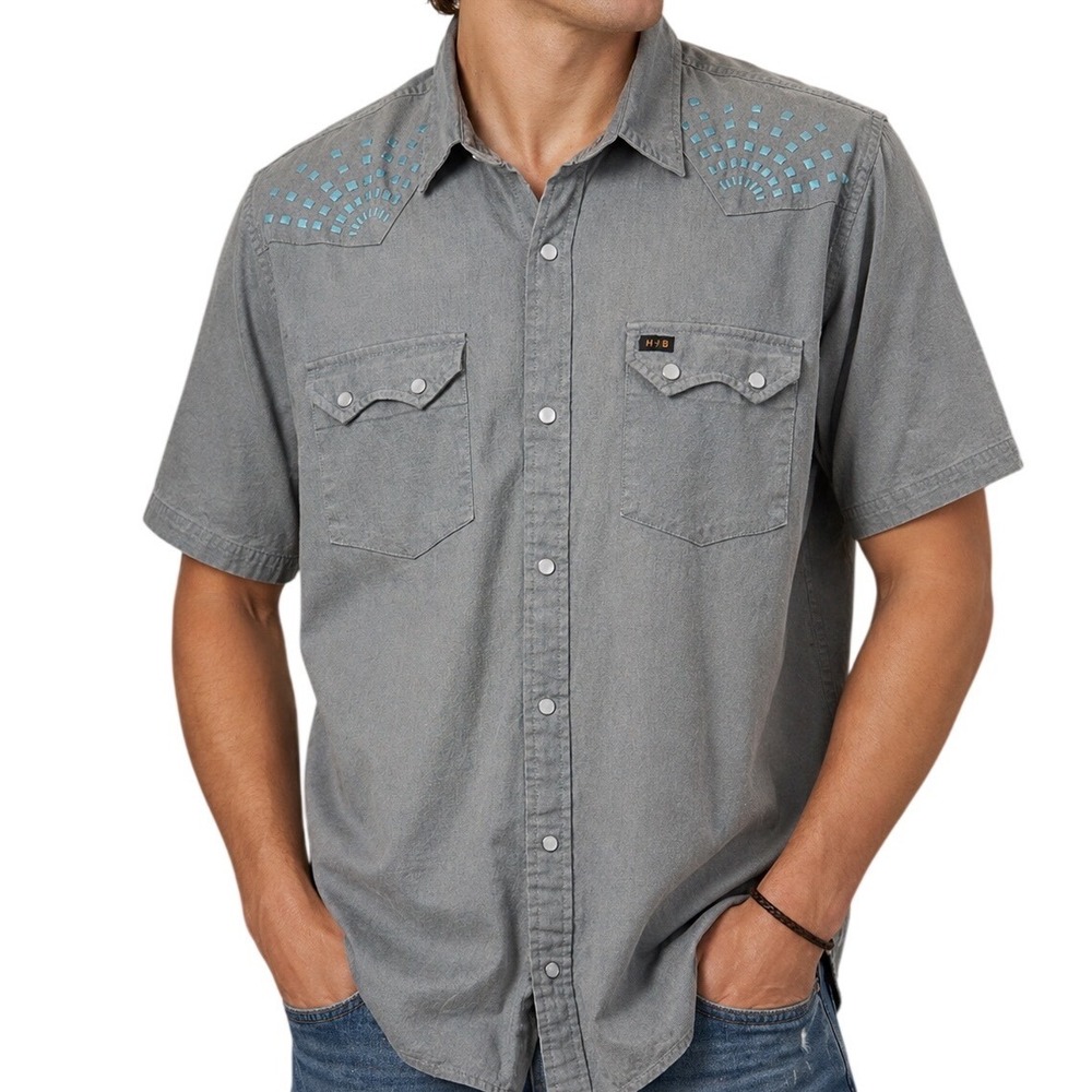 Howler Brothers Mens XL Crosscut Snapshirt Grey Short Sleeve Western Pearl Snap